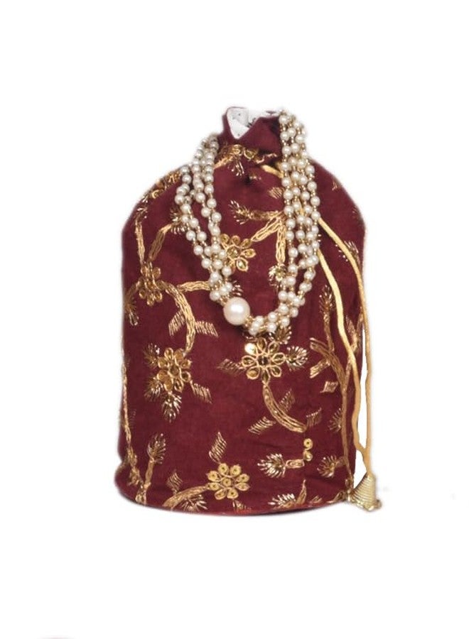 SuneshCreation Pearl Handle Drawstring Potli Bag with Gold Floral Embroidery, Traditional Evening Purse (maroon) - Image 2